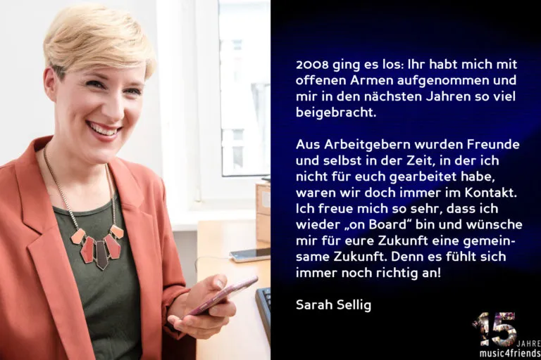 Glückwünsche zum 15-jährigen Jubiläum von music4friends und Wegbegleitern.